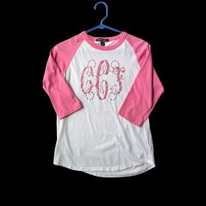 Lily Pulitzer cCf flower monogram shirt, white w/ pink sleeves Girls size L